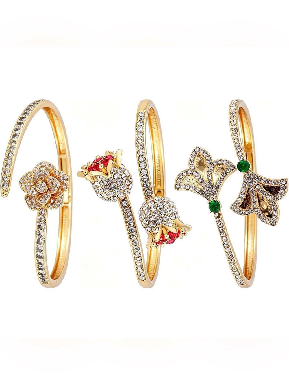 Anthropologie Gold Crystal Floral & Emerald Accent Cuff Bracelets